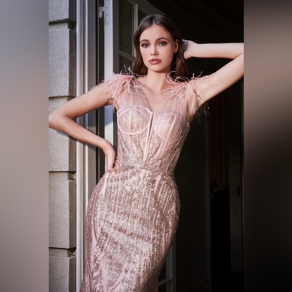 Mermaid  Nude Feather Glitter Gown Cinderella Divine | Prom | Gala | Ballroom